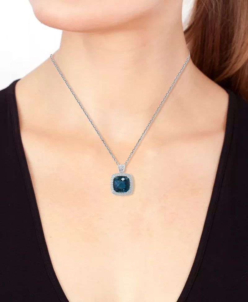 Stunning EFFY® London Blue Topaz & Diamond Halo Pendant Necklace in 14K White Gold - 11.75 Ct. T.W.