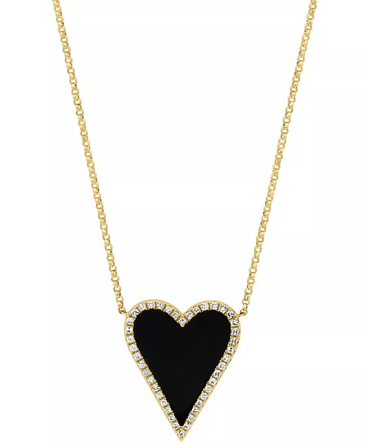 Stunning EFFY® Heart Halo Pendant Necklace with Onyx & Diamonds in 14K Gold - Adjustable 16
