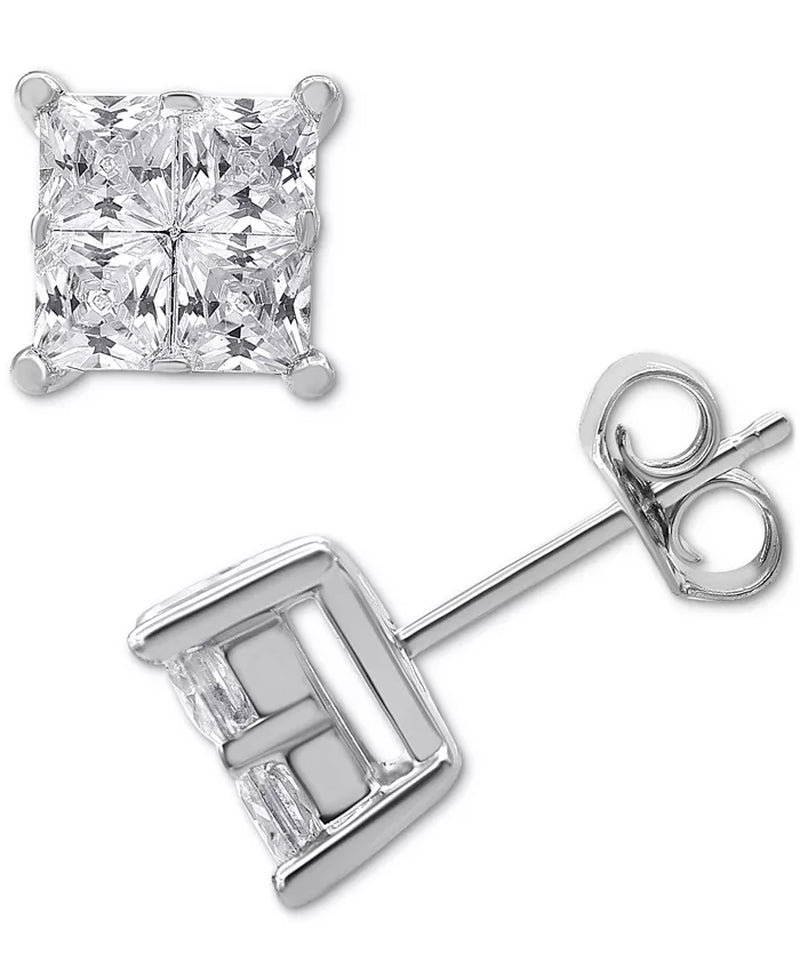 Stunning 2 Ct. Diamond Seamless Cluster Princess Stud Earrings in Luxurious 14K White Gold