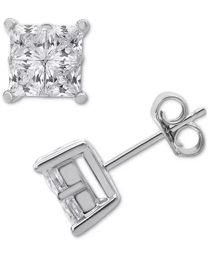 Stunning 2 Ct. Diamond Seamless Cluster Princess Stud Earrings in Luxurious 14K White Gold