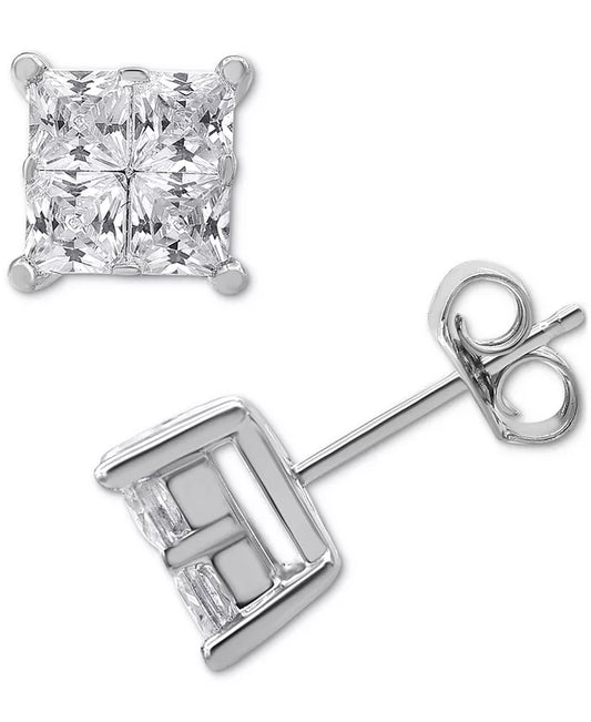 Stunning 2 Ct. Diamond Seamless Cluster Princess Stud Earrings in Luxurious 14K White Gold