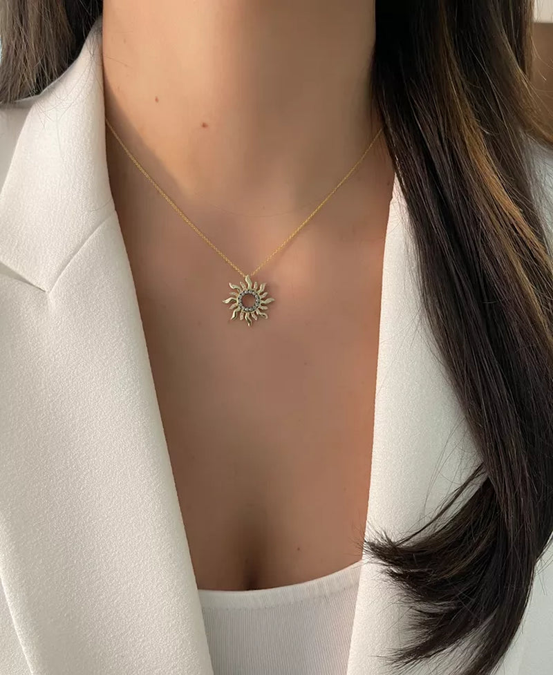 Stunning 14K Gold Sun Pendant Necklace with Nude & Chocolate Diamonds - 18" + 2" Extender