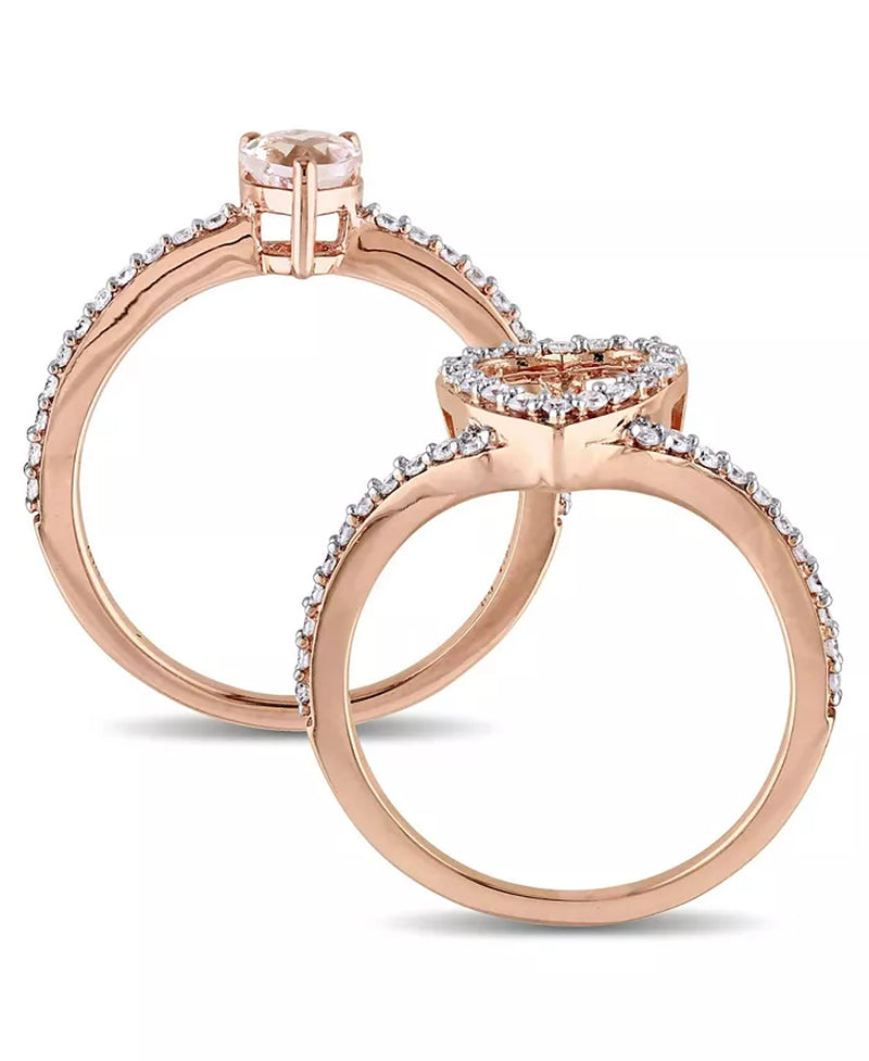 Stunning Morganite and Diamond Heart Halo Interlocking Bridal Ring Set