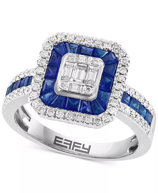Stunning EFFY® 14K White Gold Halo Cluster Ring with 1-1/20 Ct. T.W. Sapphire & 1/2 Ct. T.W. Diamond
