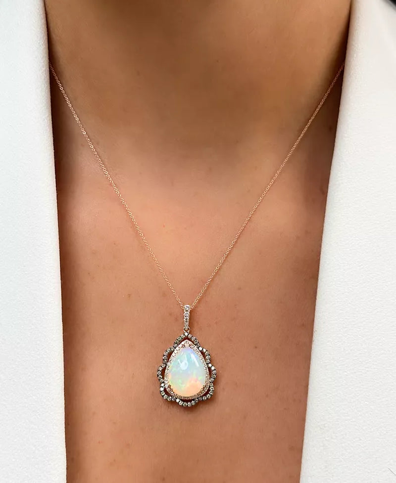 Stunning 14K Strawberry Gold Pendant Necklace with Neopolitan Opal, Nude & Chocolate Diamonds - 20" Length