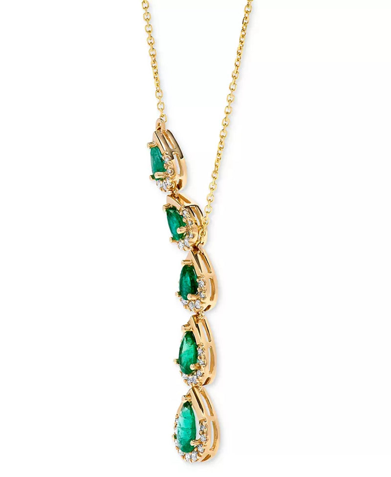 Stunning 14K Gold Lariat Necklace with 1-5/8 Ct. Emerald & 1/3 Ct. Diamond Accents - 16" Length
