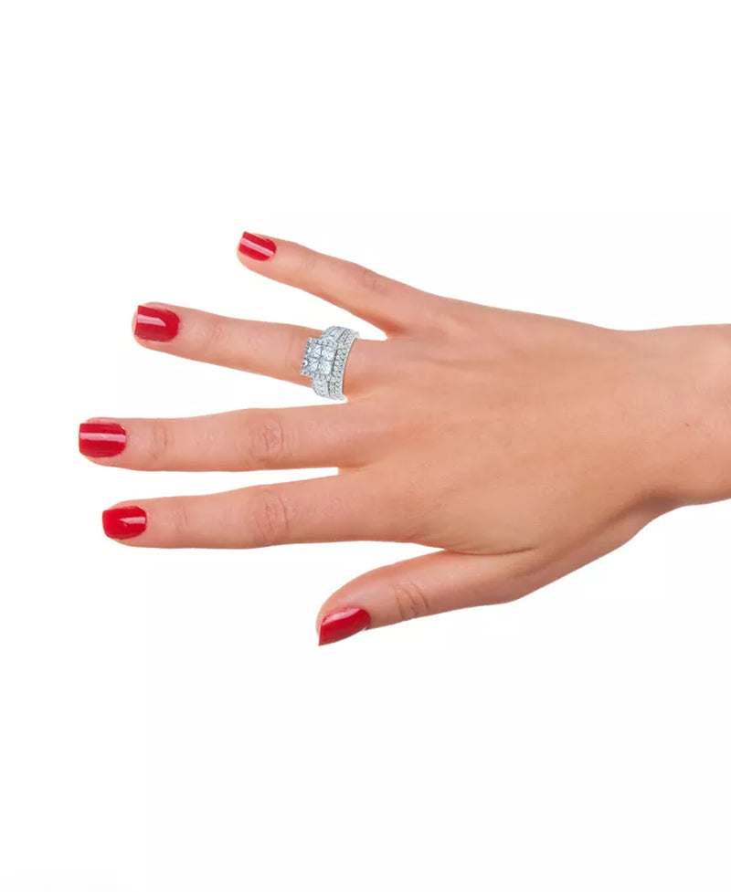 Stunning 3.5 Ct. Diamond Princess Halo Quad Cluster Bridal Set in Luxurious 14K White Gold
