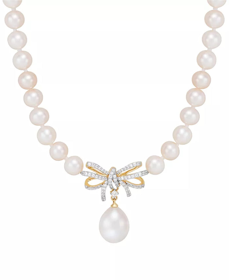 Elegant 17" 10K Gold Ribbon Necklace with Cultured Freshwater Pearls & 1/5 Ct. T.W. Diamonds