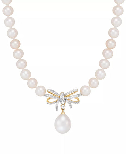 Elegant 17" 10K Gold Ribbon Necklace with Cultured Freshwater Pearls & 1/5 Ct. T.W. Diamonds