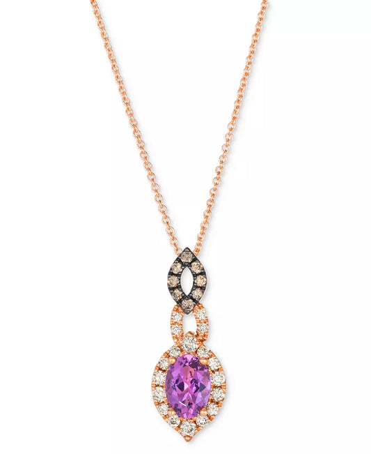 Stunning Grape Amethyst & Diamond Halo Pendant Necklace in 14K Rose Gold - Adjustable 20