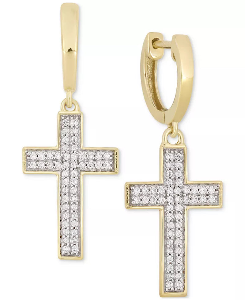 Stylish Men's 10K Gold Diamond Cross Dangle Huggie Hoop Earrings (1/4 Ct. T.W.)