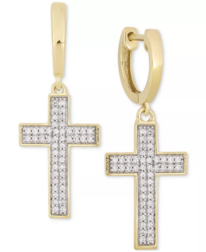 Stylish Men's 10K Gold Diamond Cross Dangle Huggie Hoop Earrings (1/4 Ct. T.W.)