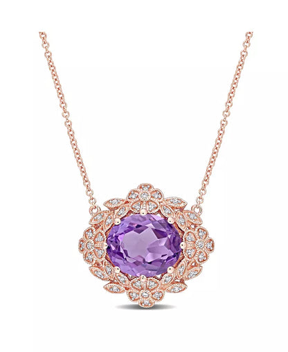 Stunning Floral Vintage Necklace with 4 Ct. Amethyst and 1/5 Ct. Diamond in 14K Rose Gold