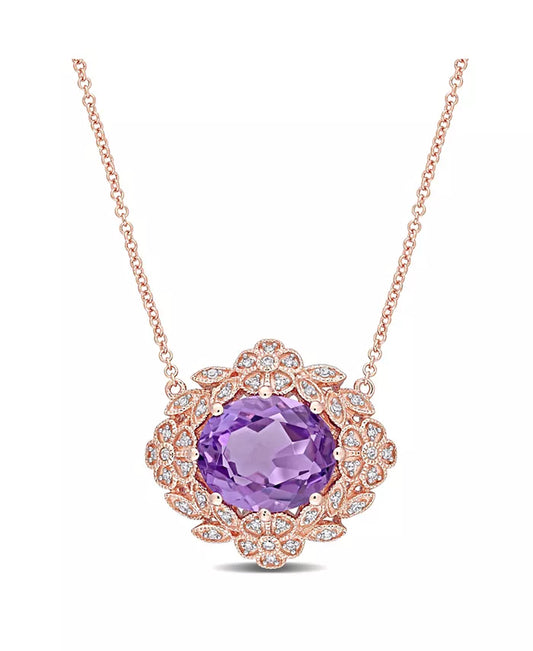 Stunning Floral Vintage Necklace with 4 Ct. Amethyst and 1/5 Ct. Diamond in 14K Rose Gold