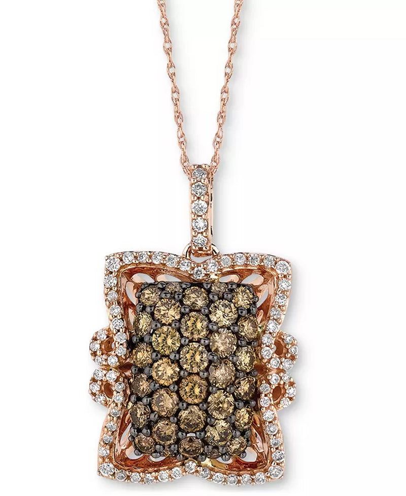 Stunning Chocolatier® 14K Rose Gold Pendant Necklace with Chocolate & Vanilla Diamonds - 1.5 Ct. T.W. Cluster Frame