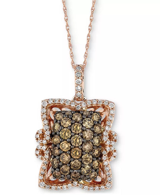 Stunning Chocolatier® 14K Rose Gold Pendant Necklace with Chocolate & Vanilla Diamonds - 1.5 Ct. T.W. Cluster Frame
