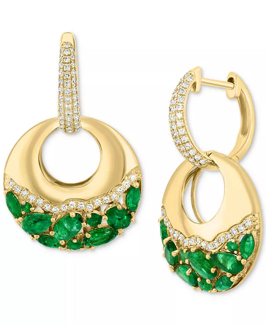 Stunning EFFY® 14K Gold Emerald & Diamond Dangle Hoop Earrings - 2.5 Ct. T.W. Emerald & 0.375 Ct. T.W. Diamond