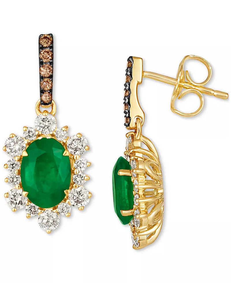 Stunning Costa Smeralda Emerald & Diamond Halo Drop Earrings in 14K Gold - 1-1/3 Ct. T.W. Emeralds & 3/4 Ct. T.W. Diamonds