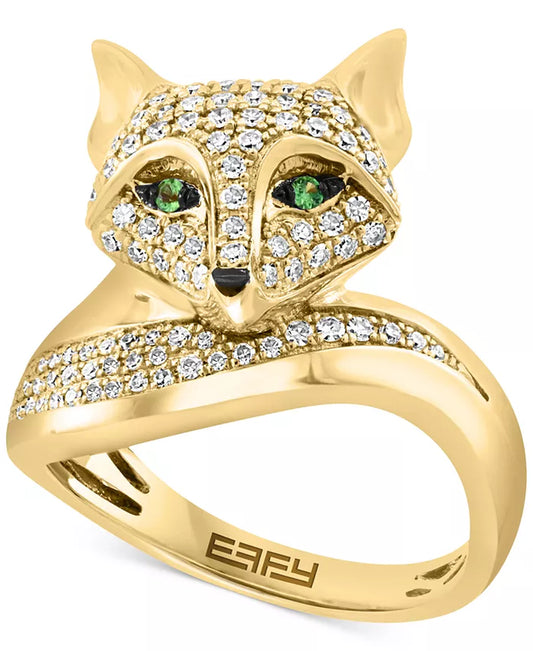 Stunning EFFY® 14K Gold Fox Ring with 3/8 Ct. T.W. Diamonds & Tsavorite Accents
