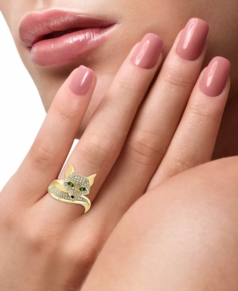 Stunning EFFY® 14K Gold Fox Ring with 3/8 Ct. T.W. Diamonds & Tsavorite Accents