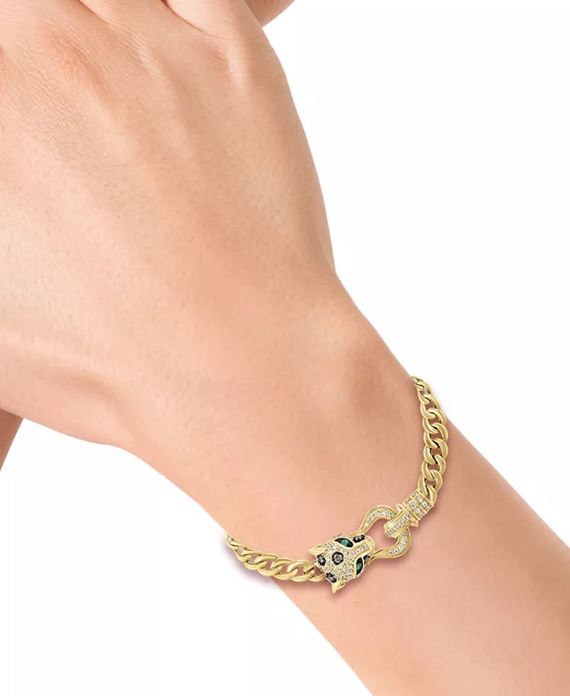 Stunning EFFY® 14K Gold Panther Head Link Bracelet with Multicolor Diamonds & Emeralds - 1/2 Ct. T.W.