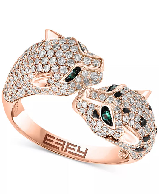 Stunning EFFY® Double Panther Head Ring in 14K Rose Gold with Diamonds and Emeralds