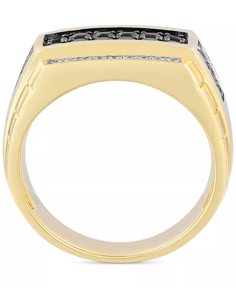 Stunning Men's 10K Gold Black & White Diamond Square Cluster Ring - 1 Ct. T.W.
