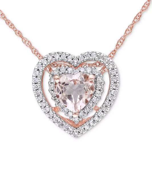Exquisite 10K Rose Gold Heart Pendant Necklace with Morganite (5/8 Ct. T.W.) & Diamond Accents (1/5 Ct. T.W.) - 17
