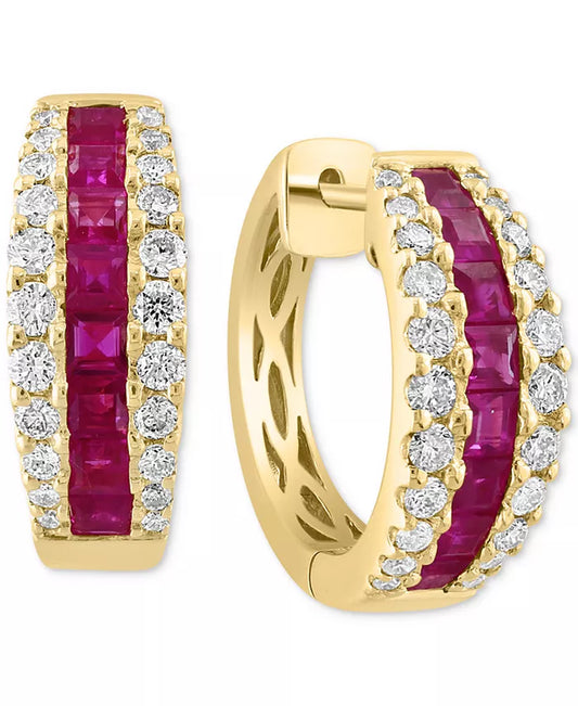 Stunning EFFY® 14K Gold Ruby & Diamond Small Hoop Earrings - 1-5/8 Ct. T.W. Ruby & 3/4 Ct. T.W. Diamond, 0.72