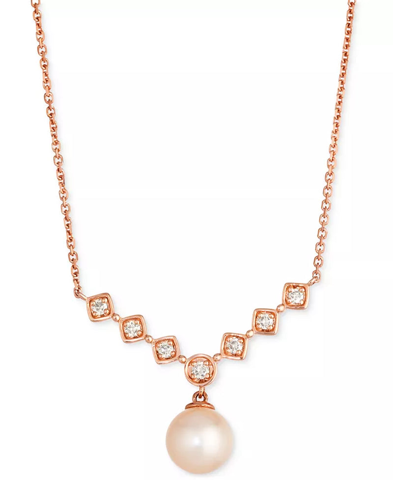 Stunning 14K Rose Gold Adjustable 19" Statement Necklace with Pink Freshwater Pearls & Nude Diamonds (1/5 Ct. T.W.)