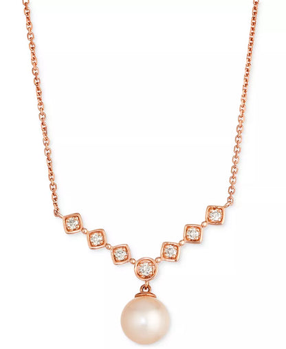 Stunning 14K Rose Gold Adjustable 19" Statement Necklace with Pink Freshwater Pearls & Nude Diamonds (1/5 Ct. T.W.)