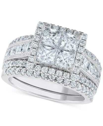 Stunning 3.5 Ct. Diamond Princess Halo Quad Cluster Bridal Set in Luxurious 14K White Gold