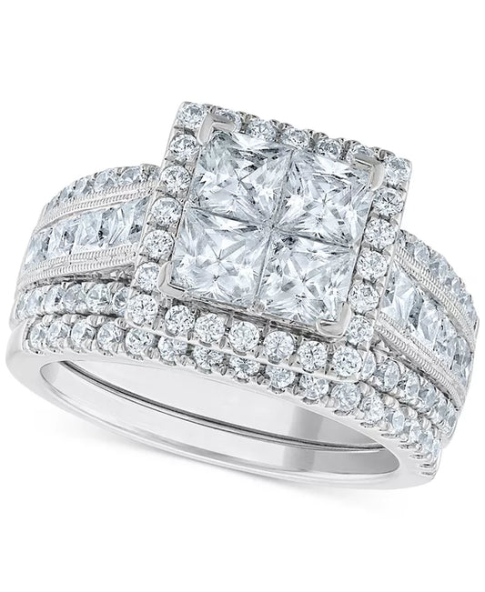 Stunning 3.5 Ct. Diamond Princess Halo Quad Cluster Bridal Set in Luxurious 14K White Gold