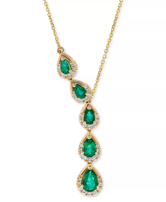 Stunning 14K Gold Lariat Necklace with 1-5/8 Ct. Emerald & 1/3 Ct. Diamond Accents - 16