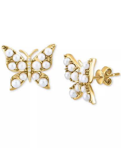 Elegant EFFY® 14K Gold Butterfly Stud Earrings with Freshwater Pearls and Diamond Accents