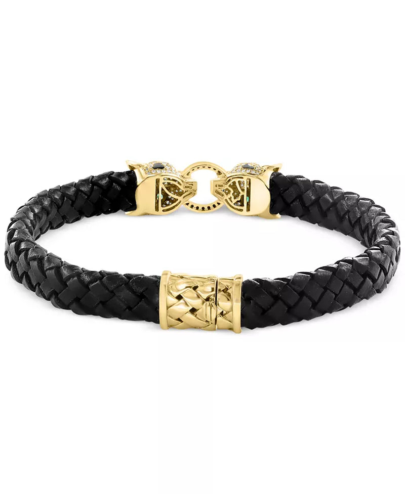 Luxurious EFFY® 14K Gold Panther Head Leather Bracelet with White & Black Diamonds and Emerald Accents - 7/8 Ct. T.W.