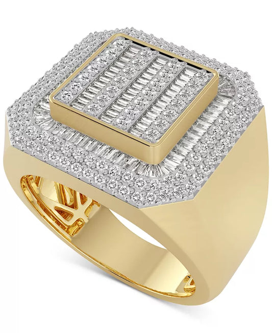 Stunning 1-1/4 Ct. T.W. Men's Diamond Halo Cluster Ring in 10K Gold - Round & Baguette Design