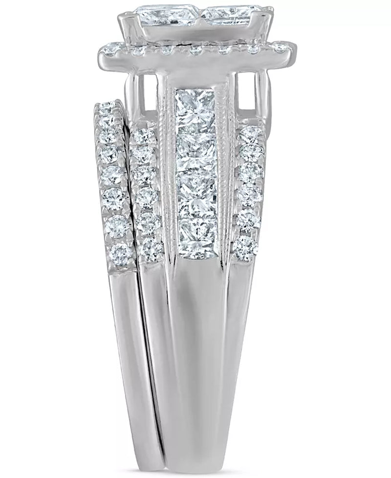 Stunning 3.5 Ct. Diamond Princess Halo Quad Cluster Bridal Set in Luxurious 14K White Gold