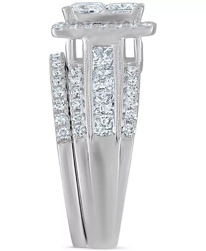 Stunning 3.5 Ct. Diamond Princess Halo Quad Cluster Bridal Set in Luxurious 14K White Gold