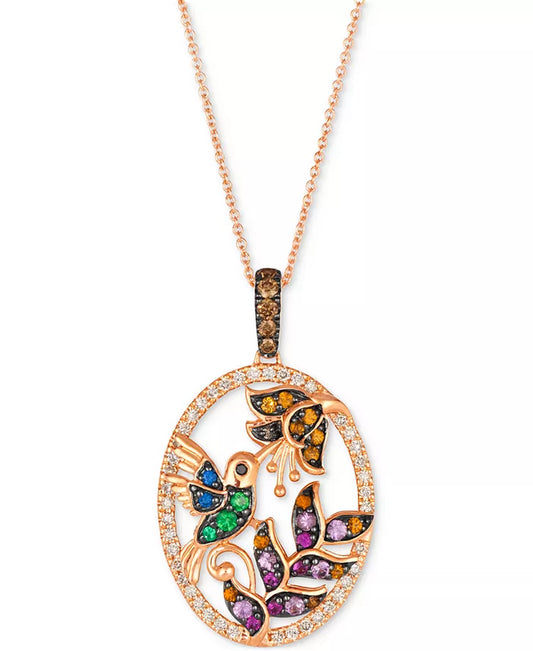 Stunning 14K Gold Hummingbird Pendant Necklace with Multi-Gemstones & Diamonds - 1 Ct. T.W. - Adjustable 20