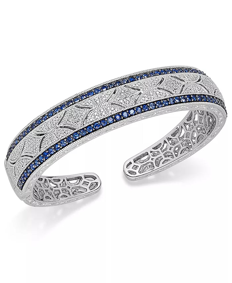 Stunning Antique Sterling Silver Cuff Bracelet with 2-3/8 Ct. T.W. Sapphire and 1/10 Ct. T.W. Diamond - Available in Emerald and Ruby!