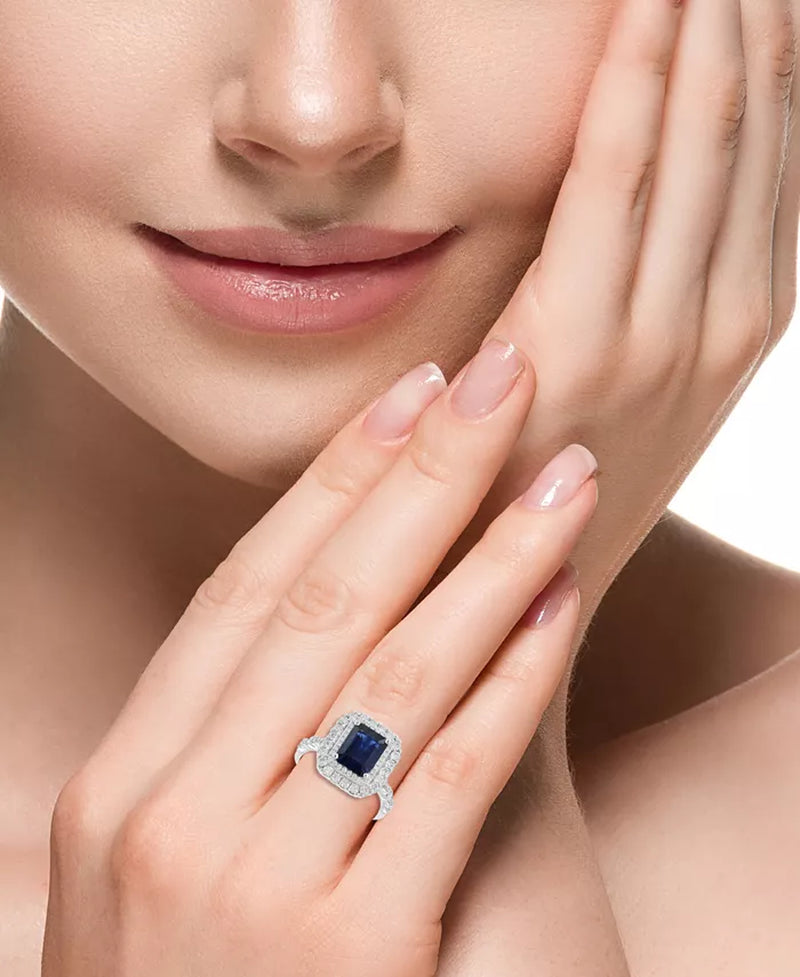Stunning EFFY® 14K White Gold Double Halo Ring with 2-3/8 Ct. Emerald-Cut Blue Sapphire & 7/8 Ct. Diamonds