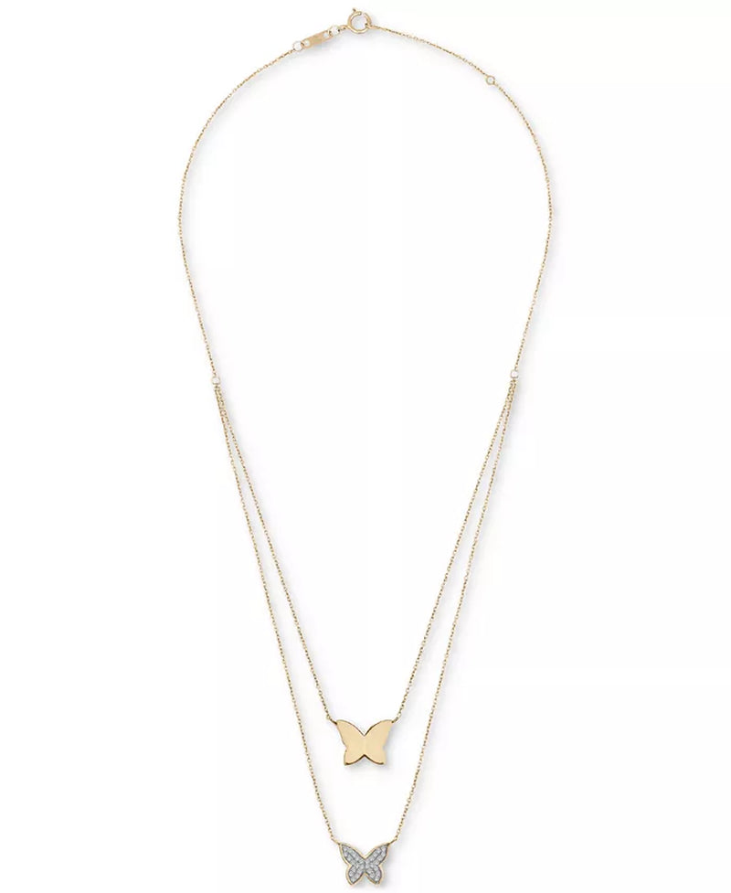 Stunning 10K Gold Diamond Pavé & Polished Butterfly Layered Pendant Necklace (1/6 Ct. T.W.) with 17" + 1" Extender – Exclusively at Macy's