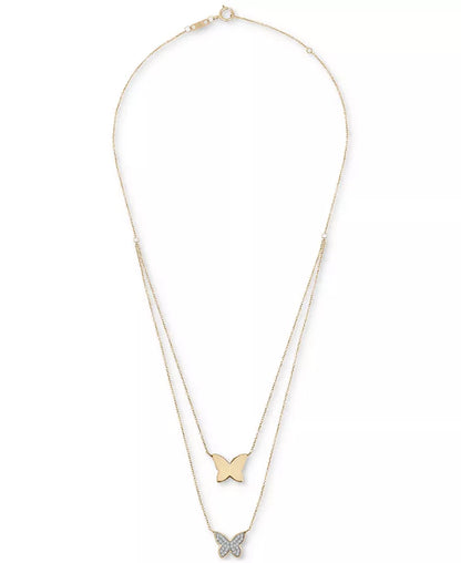 Stunning 10K Gold Diamond Pavé & Polished Butterfly Layered Pendant Necklace (1/6 Ct. T.W.) with 17" + 1" Extender – Exclusively at Macy's