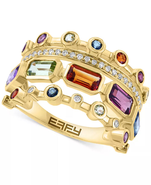 Stunning EFFY® 14K Gold Multirow Statement Ring with 2.1 Ct. Multi-Gemstones & 1/8 Ct. Diamonds