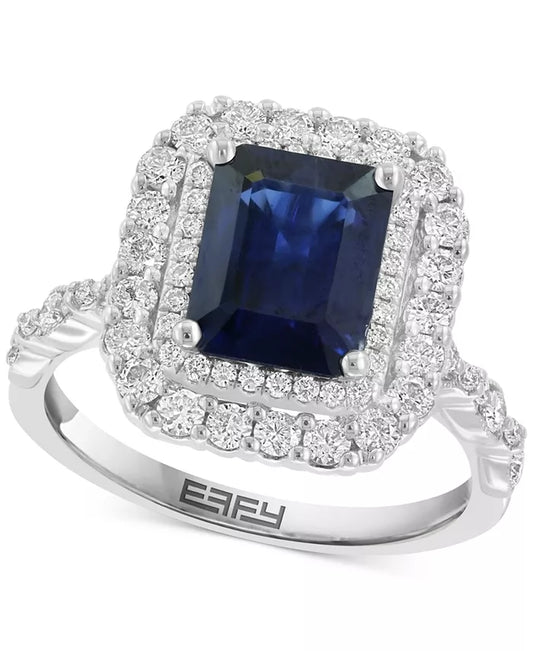 Stunning EFFY® 14K White Gold Double Halo Ring with 2-3/8 Ct. Emerald-Cut Blue Sapphire & 7/8 Ct. Diamonds