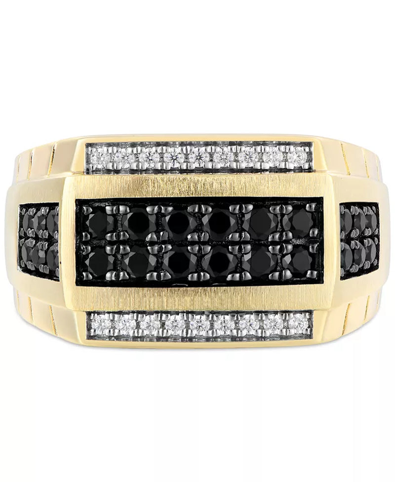 Stunning Men's 10K Gold Black & White Diamond Square Cluster Ring - 1 Ct. T.W.