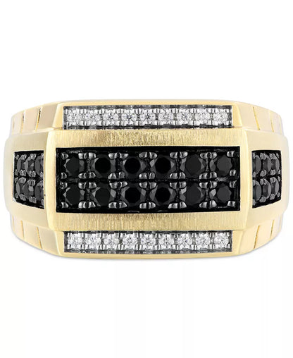 Stunning Men's 10K Gold Black & White Diamond Square Cluster Ring - 1 Ct. T.W.