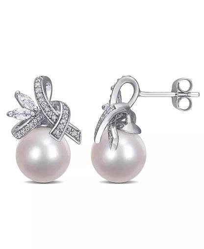 Elegant 10K White Gold Ribbon Earrings with Freshwater Cultured Pearls, Sparkling White Topaz, and Dazzling Diamonds