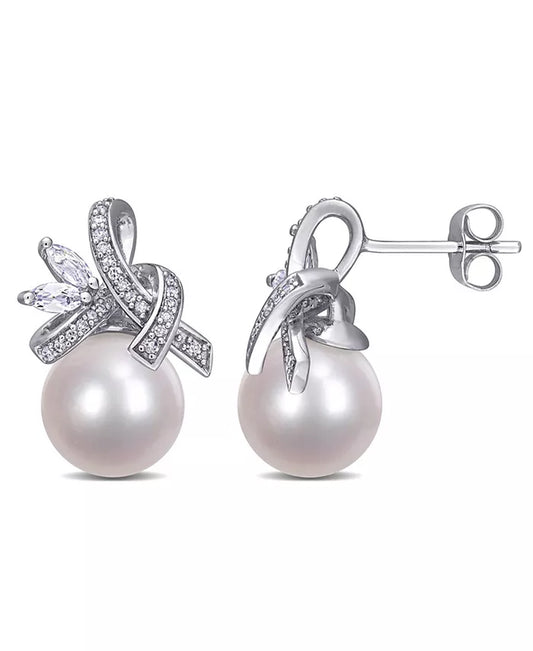 Elegant 10K White Gold Ribbon Earrings with Freshwater Cultured Pearls, Sparkling White Topaz, and Dazzling Diamonds